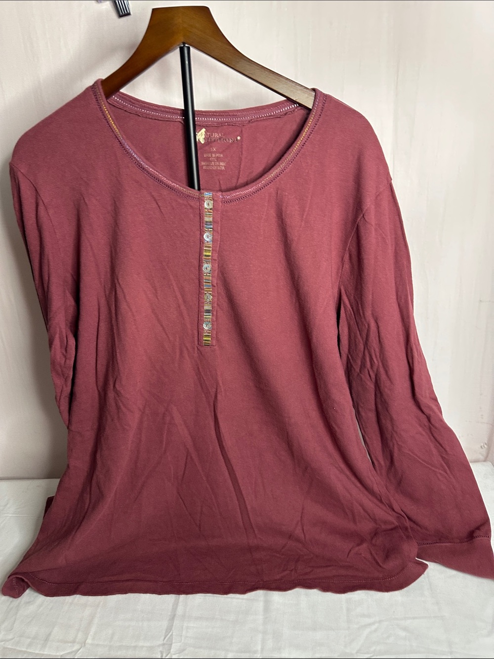Natural Reflections Long Sleeve Henley Top in Rosewood